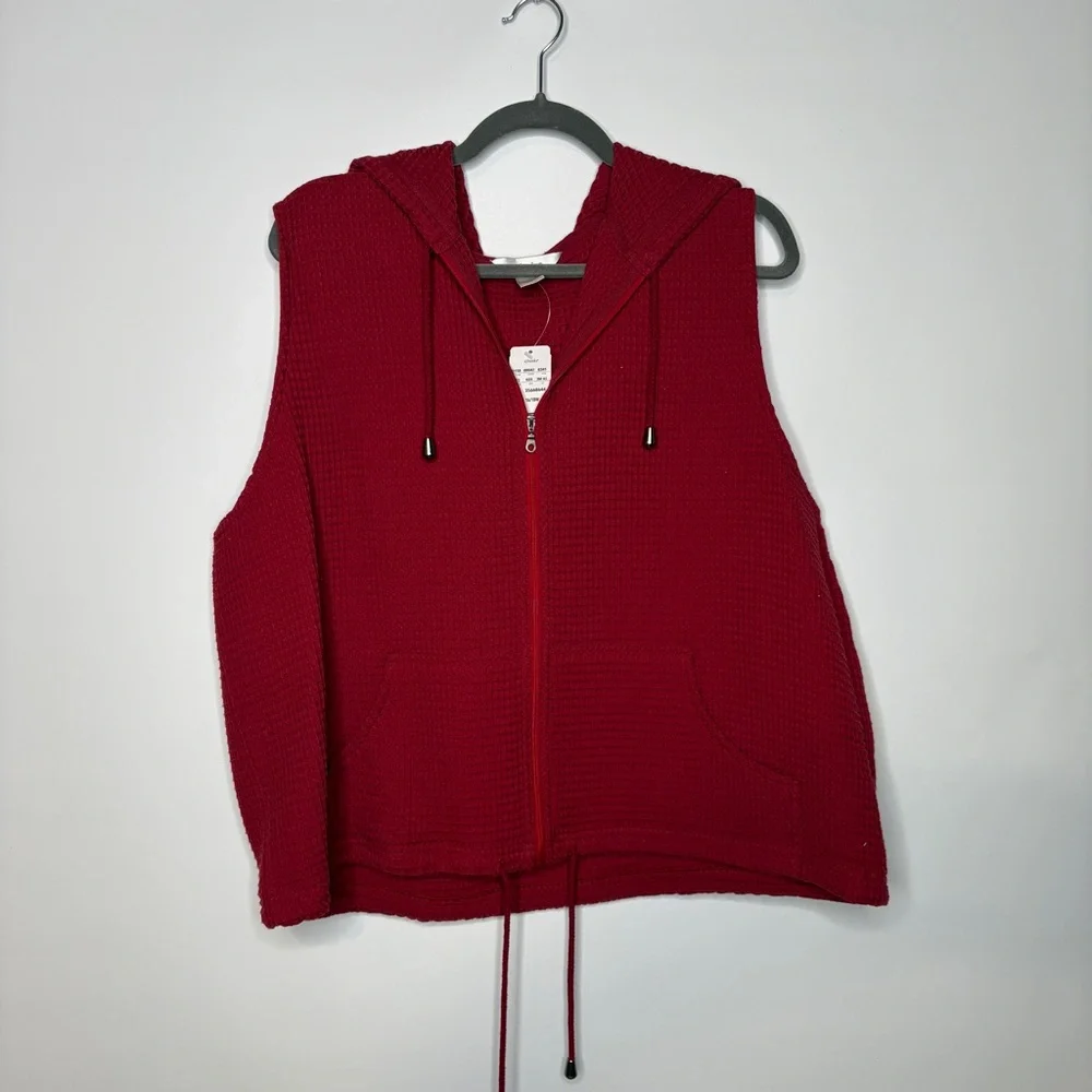 CJ Banks Waffle Knit Full Zip Hooded Sleeveless Vest NWT in Red Size 1X 16/18W